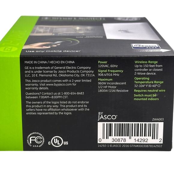 GE In Wall EZ Smart Switch ZW4003-14292 by Jasco Z Wave Plus-New in Sealed Box - Picture 5 of 6